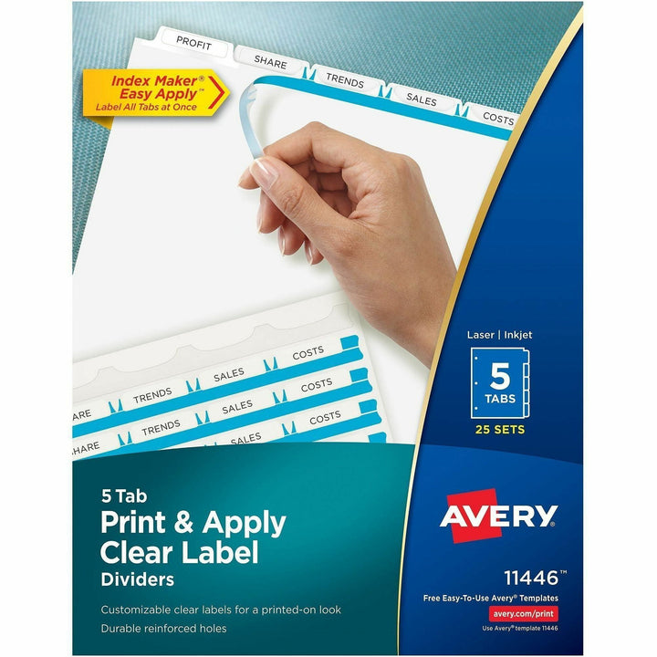 Image of Avery® Print and Apply Index Maker Clear Label Dividers, 5-Tab, White Tabs, 11 x 8.5, White, 25 Sets