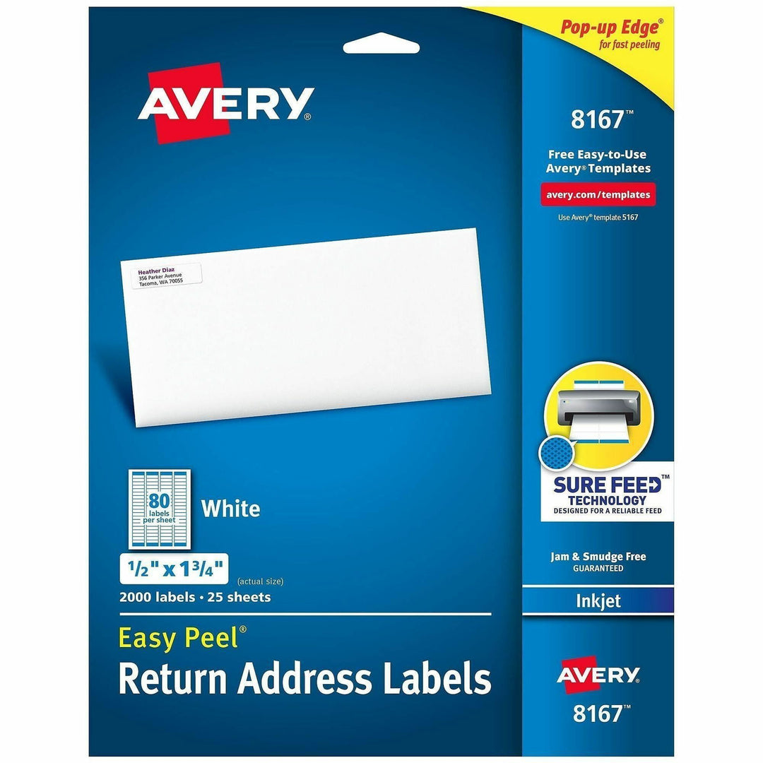 Image of Avery® Easy Peel White Address Labels W/ Sure Feed Technology, Inkjet Printers, 0.5 X 1.75, White, 80/sheet, 25 Sheets/pack