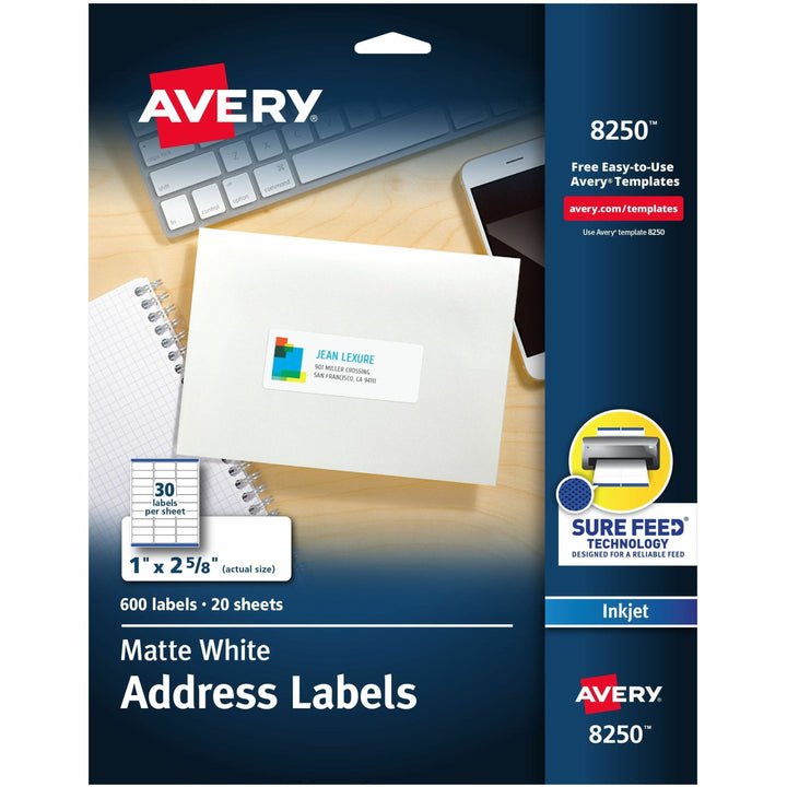 Image of Avery® Vibrant Inkjet Color-Print Labels w/ Sure Feed, 1 x 2.63, Matte White, 600/PK