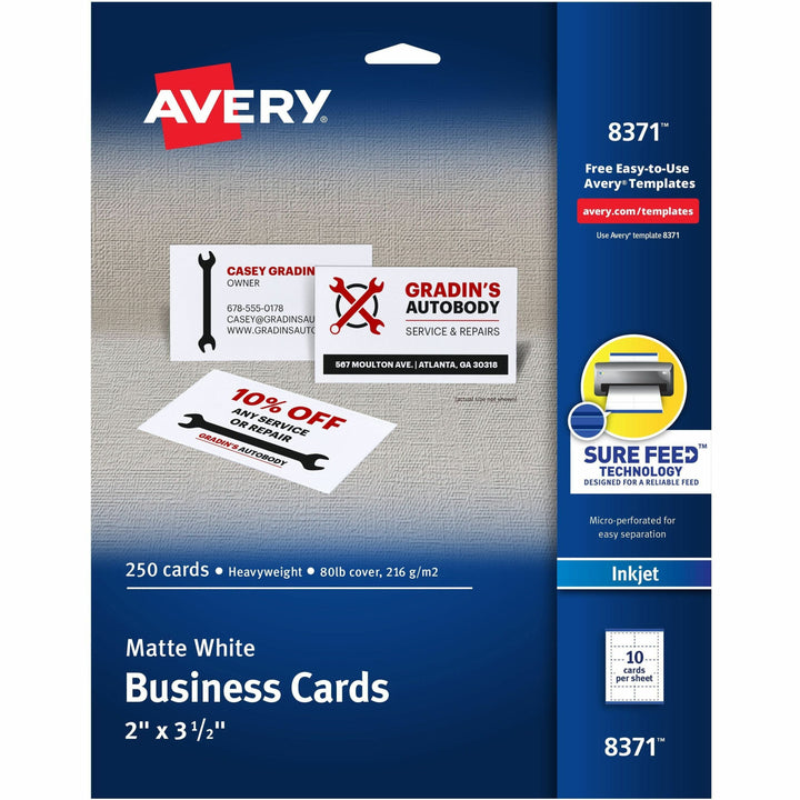 Image of Avery® Printable Microperforated Business Cards w/Sure Feed Technology, Inkjet, 2 x 3.5, White, 250 Cards, 10/Sheet, 25 Sheets/Pack