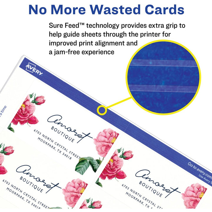 Image of Avery® Printable Microperforated Business Cards w/Sure Feed Technology, Inkjet, 2 x 3.5, White, 250 Cards, 10/Sheet, 25 Sheets/Pack