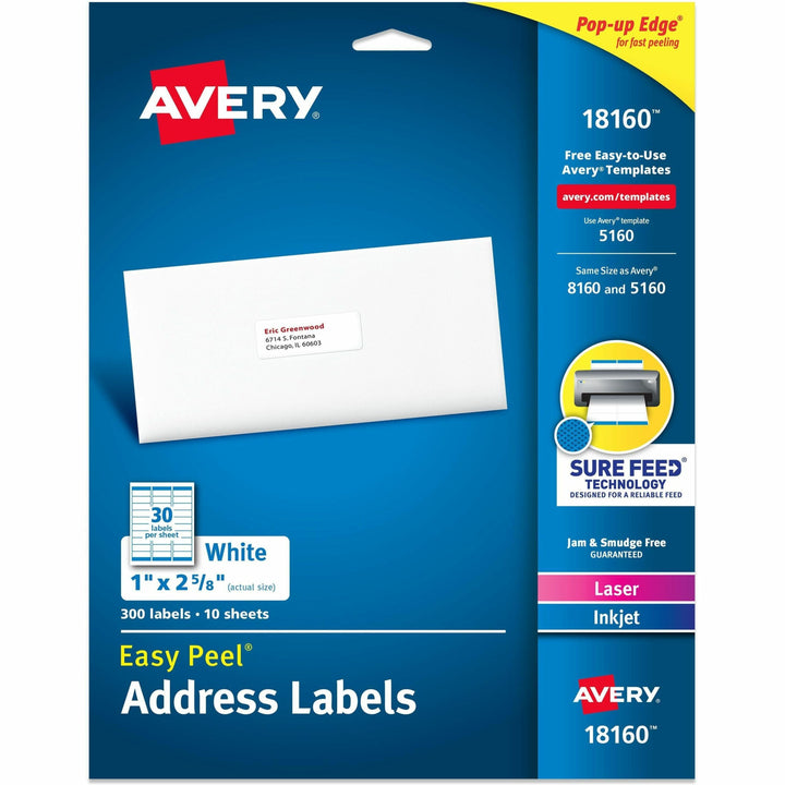 Image of Avery® Easy Peel White Address Labels With Sure Feed Technology, Inkjet Printers, 1 X 2.63, White, 30/sheet, 10 Sheets/pack