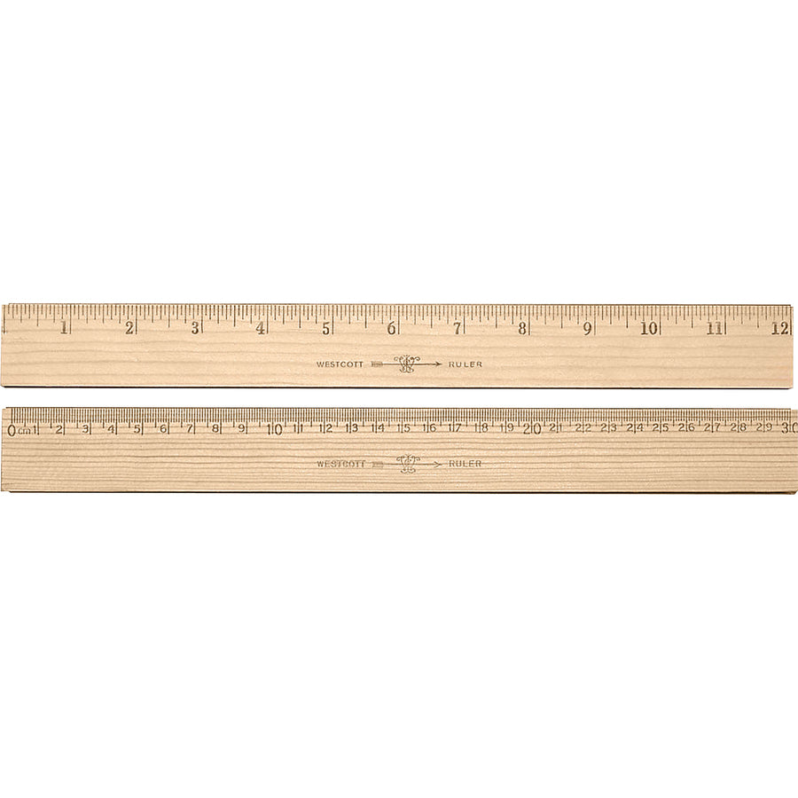 Image of Westcott® Wood Ruler, Metric And 1/16" Scale With Single Metal Edge, 12"/30 Cm Long