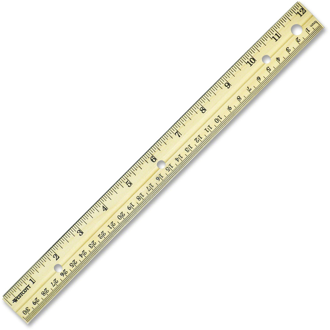 Image of Westcott® Three-Hole Punched Wood Ruler English And Metric With Metal Edge, 12" Long