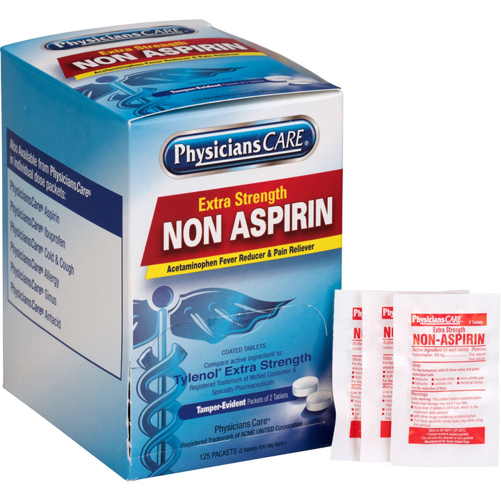 Image of PhysiciansCare 40800 Single Dose Non-Aspirin Pain Reliever, For Pain, Fever, 2/Packet, 125 / Box