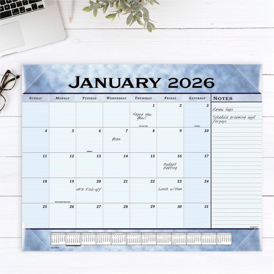 Image of AT-A-GLANCE® Slate Blue Desk Pad, 22 x 17, Blue Sheets, Clear Corners, 12-Month (Jan to Dec): 2025