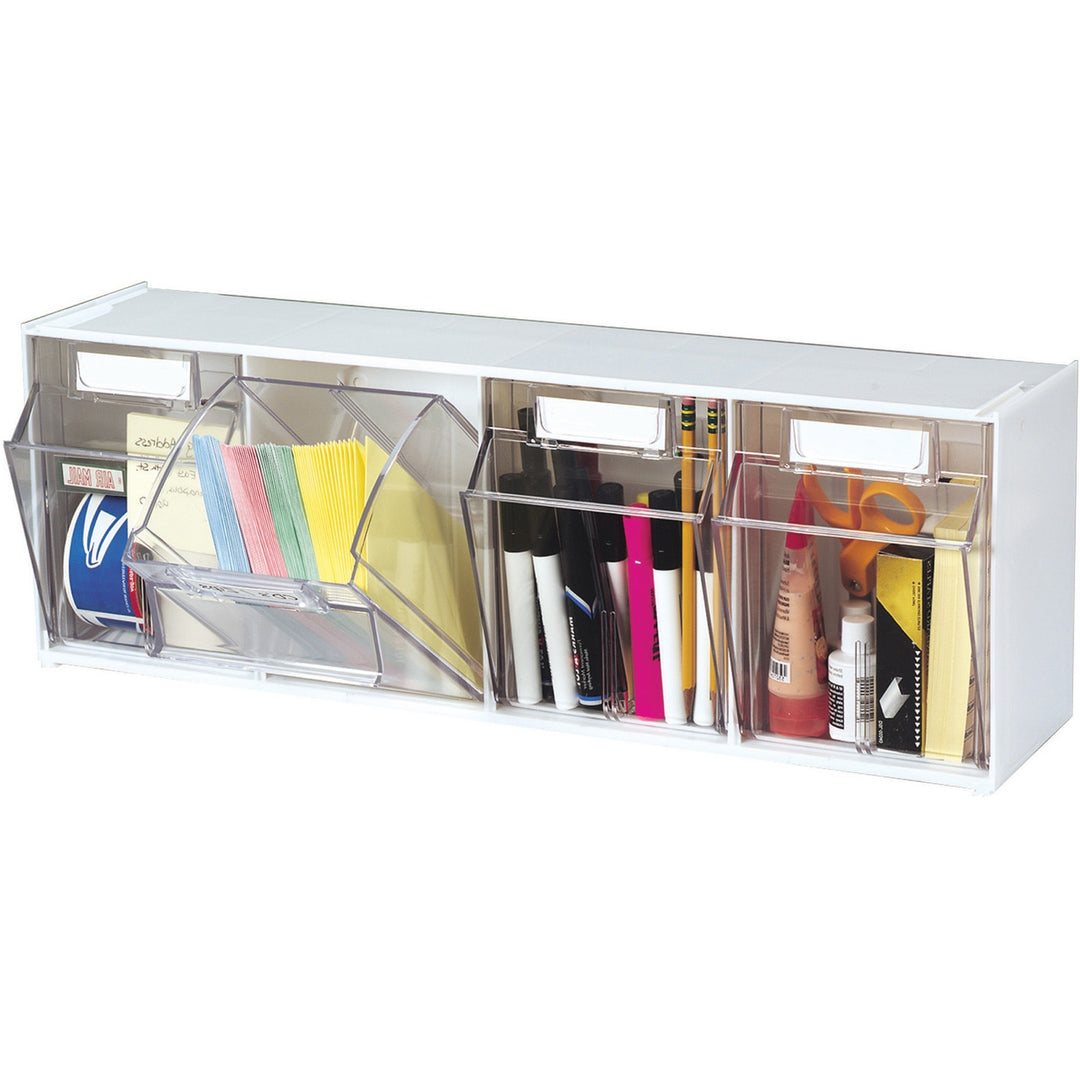 Image of deflecto® Bin System,Modular,4-Bin,23-5/8"x6-5/8"x8-1/8",White/CL