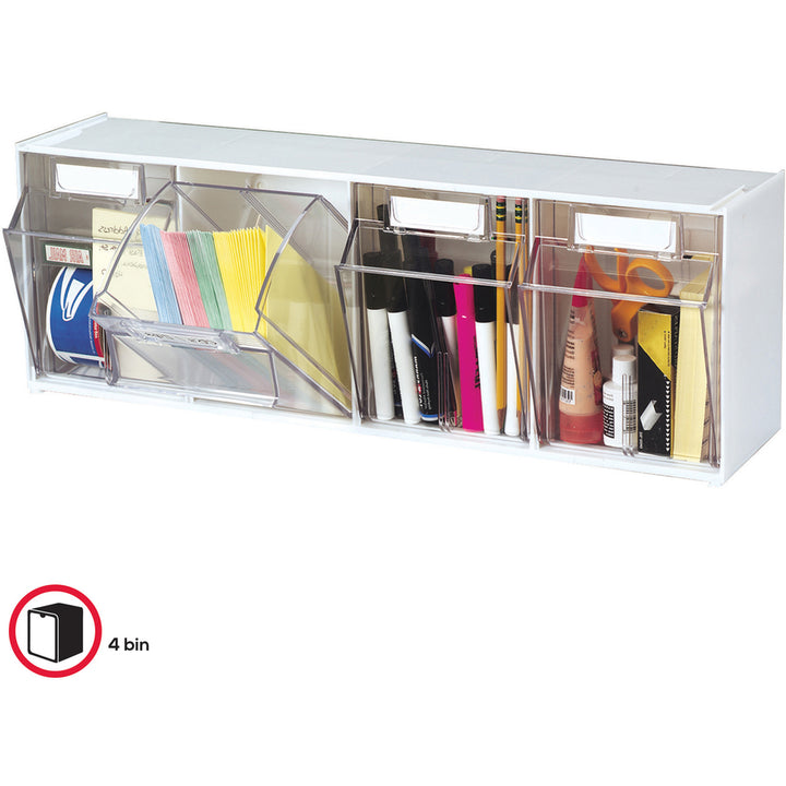 Image of deflecto® Bin System,Modular,4-Bin,23-5/8"x6-5/8"x8-1/8",White/CL