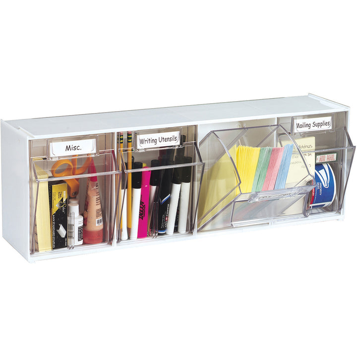 Image of deflecto® Bin System,Modular,4-Bin,23-5/8"x6-5/8"x8-1/8",White/CL