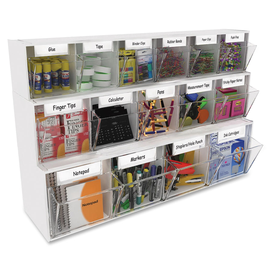 Image of deflecto® Bin System,Modular,6-Bin,23-5/8"x3-5/8"x4-1/2",White/CL