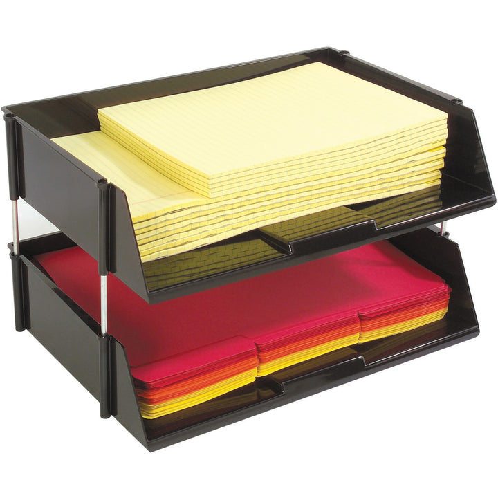 Image of deflecto® Industrial Tray Side-Load Stacking Tray Set, 2 Sections, Letter To Legal Size Files, 16.38" X 11.13" X 3.5", Black, 2/pack