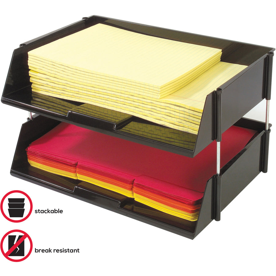 Image of deflecto® Industrial Tray Side-Load Stacking Tray Set, 2 Sections, Letter To Legal Size Files, 16.38" X 11.13" X 3.5", Black, 2/pack