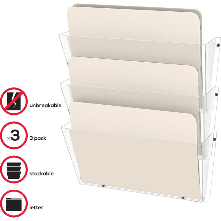 Image of deflecto® Unbreakable DocuPocket Wall File, 3 Sections, Letter Size, 14.5" x 3" x 6.5", Clear, 3/Pack