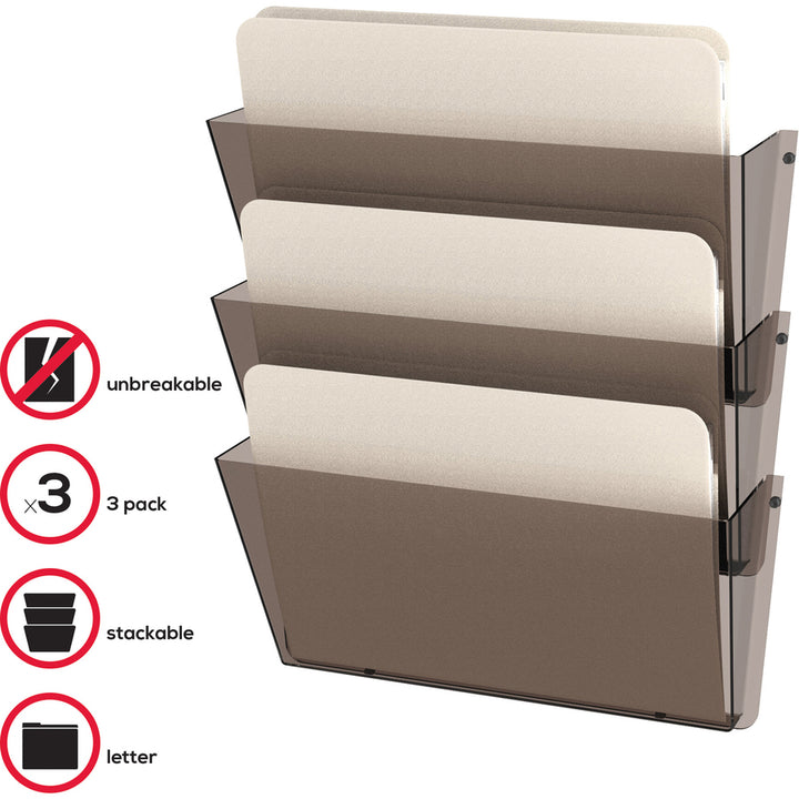 Image of deflecto® Unbreakable DocuPocket Wall File, 3 Sections, Letter Size, 14.5" x 3" x 6.5", Smoke, 3/Pack