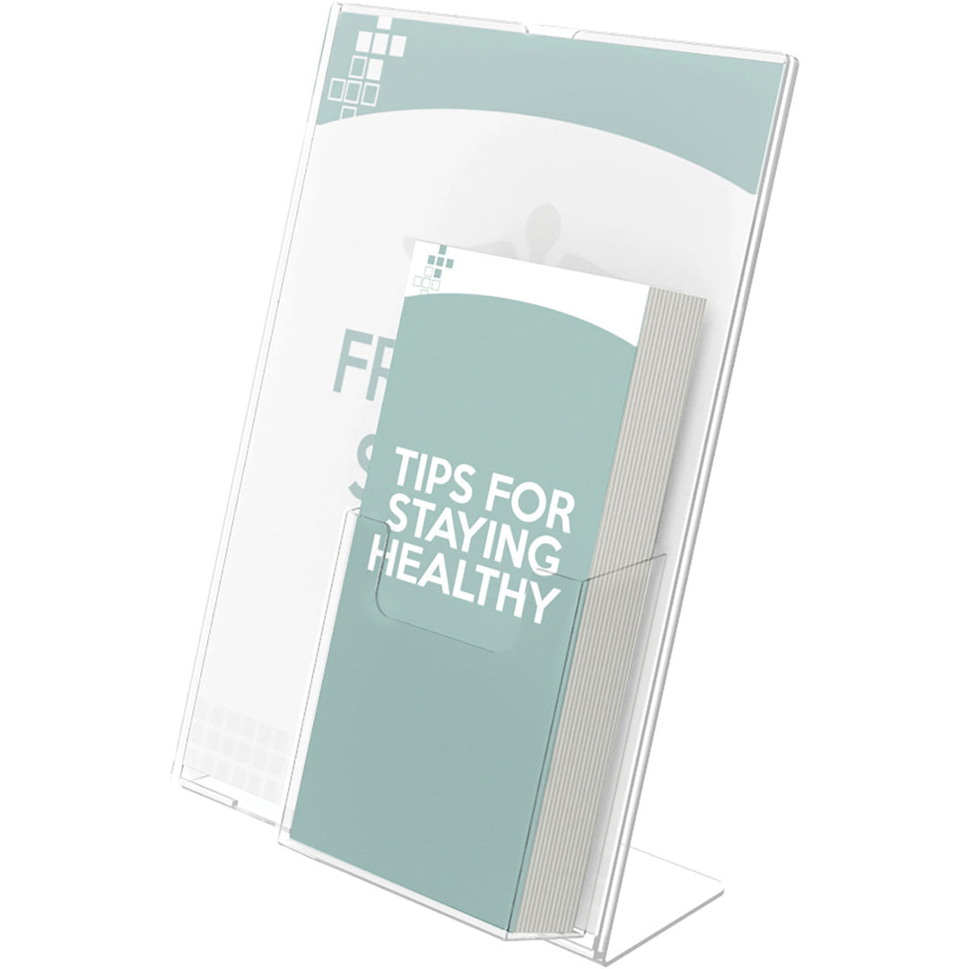 Image of deflecto® Superior Image Slanted Sign Holder with Front Pocket, 9w x 4.5d x 10.75h, Clear