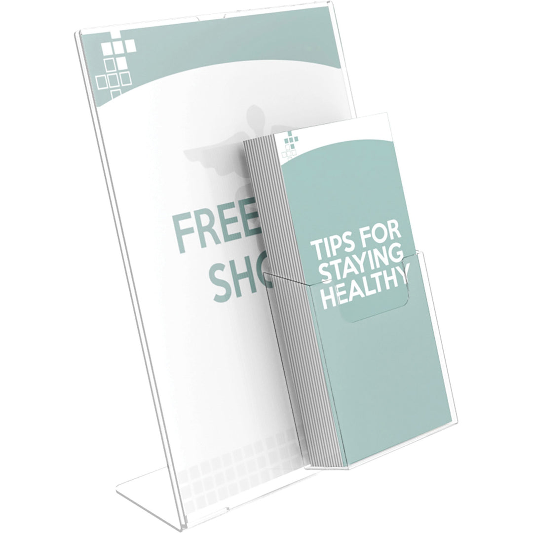 Image of deflecto® Superior Image Slanted Sign Holder with Front Pocket, 9w x 4.5d x 10.75h, Clear