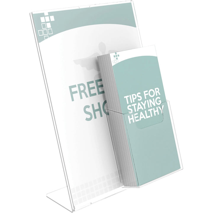Image of deflecto® Superior Image Slanted Sign Holder with Front Pocket, 9w x 4.5d x 10.75h, Clear