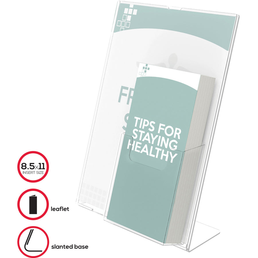 Image of deflecto® Superior Image Slanted Sign Holder with Front Pocket, 9w x 4.5d x 10.75h, Clear