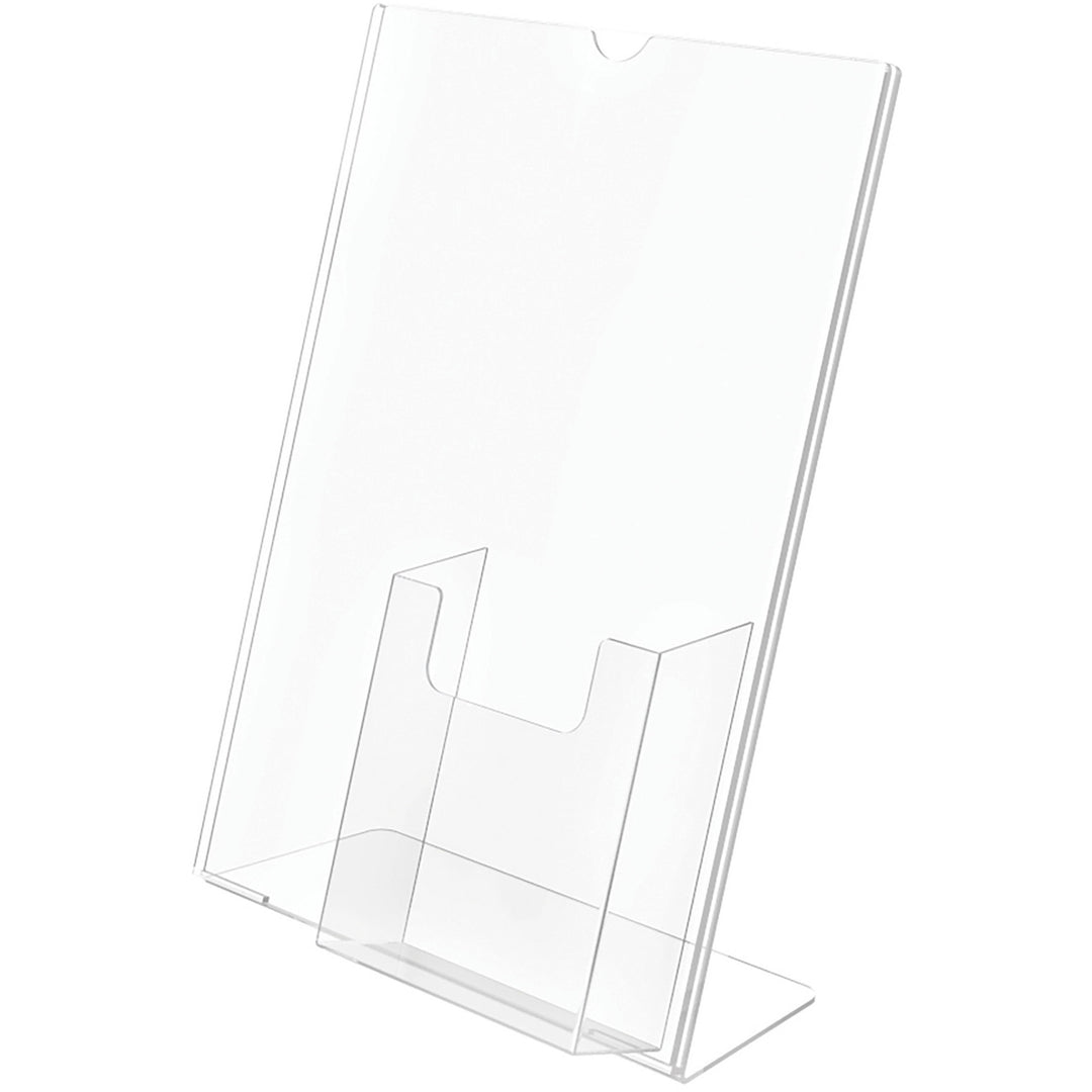 Image of deflecto® Superior Image Slanted Sign Holder with Front Pocket, 9w x 4.5d x 10.75h, Clear