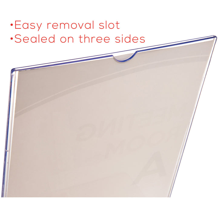 Image of deflecto® Superior Image Slanted Sign Holder with Front Pocket, 9w x 4.5d x 10.75h, Clear