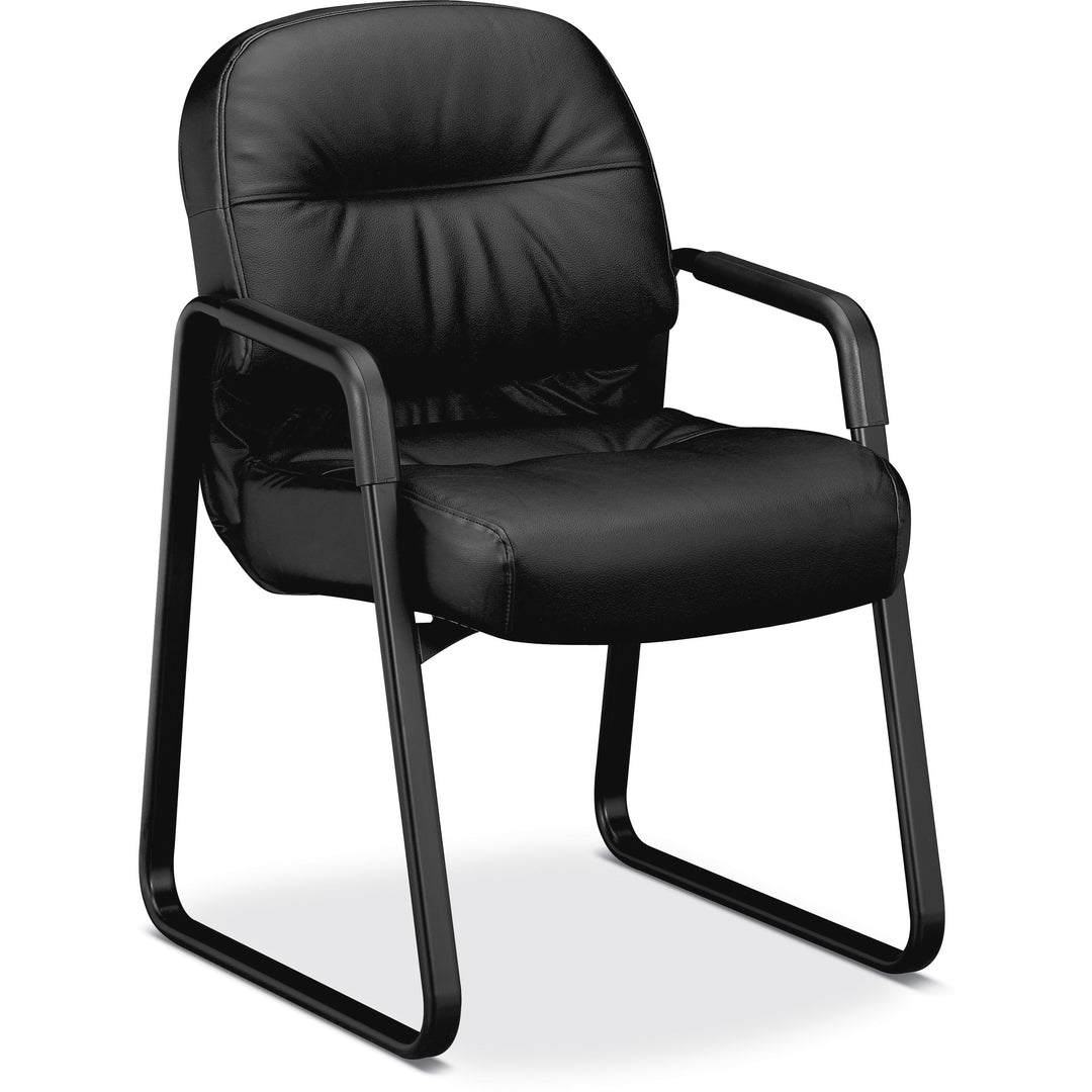 Image of HON® Pillow-Soft 2090 Series Guest Arm Chair, Leather Upholstery, 31.25" x 35.75" x 36", Black Seat, Black Back, Black Base