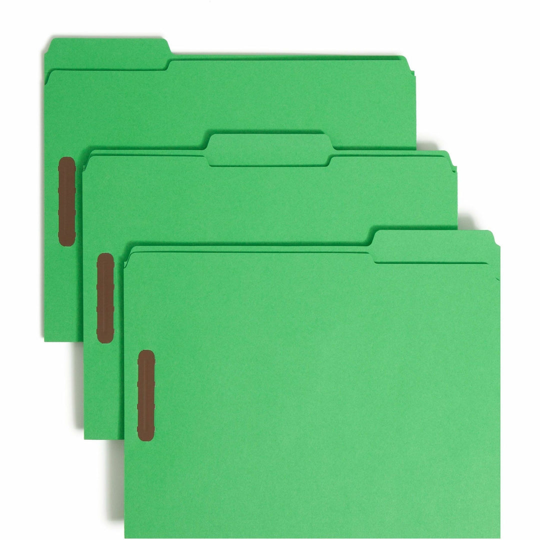 Image of Smead Top Tab Colored Fastener Folders, 1/3-Cut Tab: Assorted, Expands 0.75", 2 Fasteners, Letter Size, Green, 50/Box
