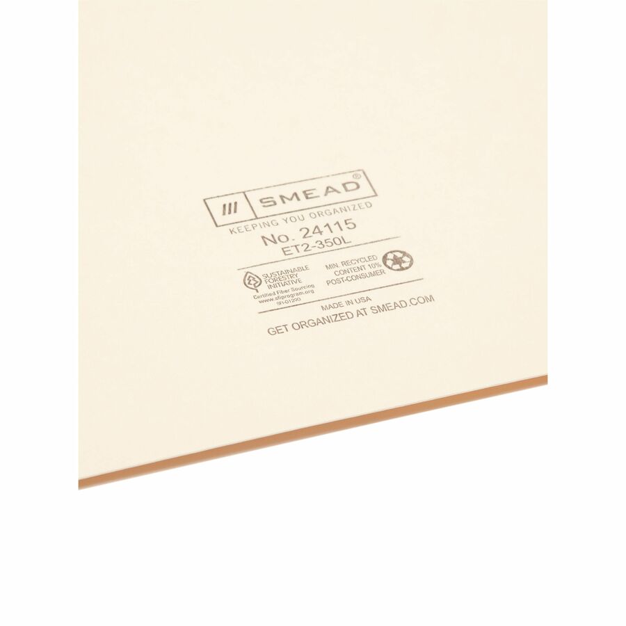 Image of Smead 24115 End Tab Pocket Folders, 8 1/2" x 11", 1 Pocket, 11 pt., 2 Plys, Manila, Heavyweight Cover, Embossed, 10% Recycled, 50 / Box