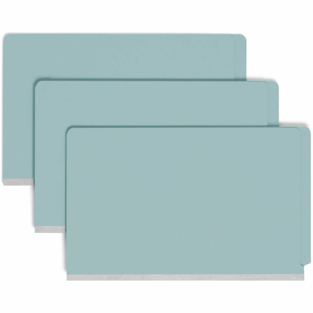 Image of Smead End Tab Pressboard Classification Folders, Expands 2", 2 Dividers, 6 SafeSHIELD Fasteners, Legal Size, Blue, 10/Box