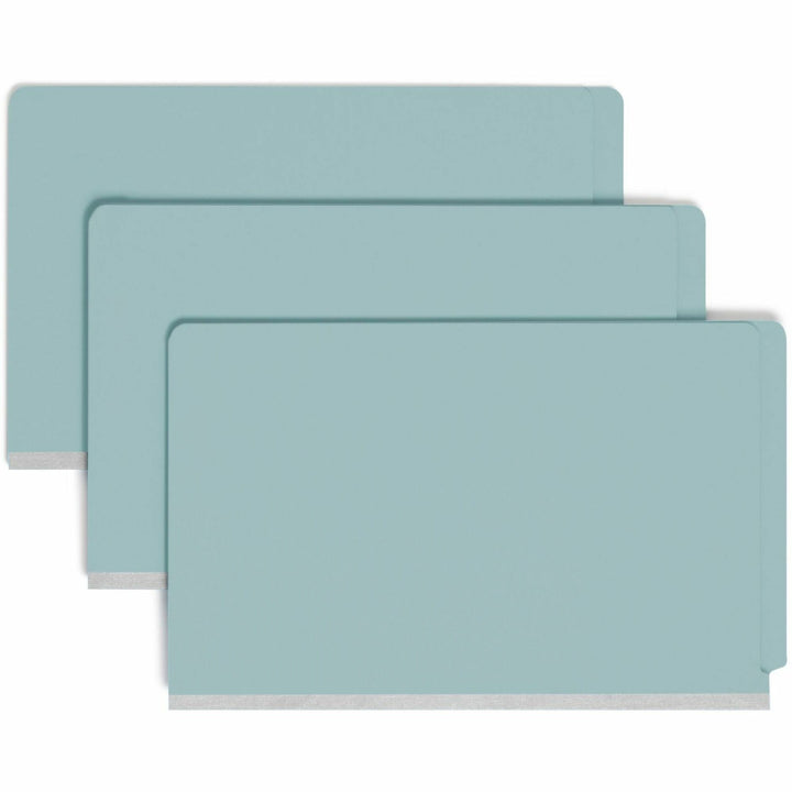Image of Smead End Tab Pressboard Classification Folders, Expands 2", 2 Dividers, 6 SafeSHIELD Fasteners, Legal Size, Blue, 10/Box