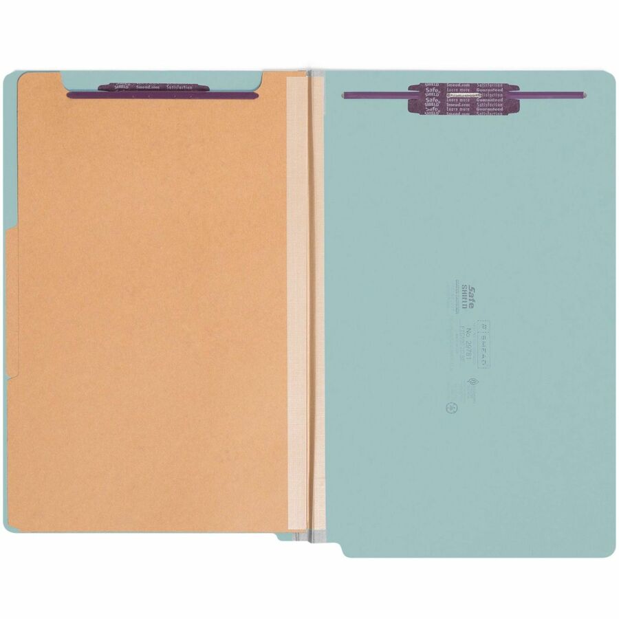 Image of Smead End Tab Pressboard Classification Folders, Expands 2", 2 Dividers, 6 SafeSHIELD Fasteners, Legal Size, Blue, 10/Box
