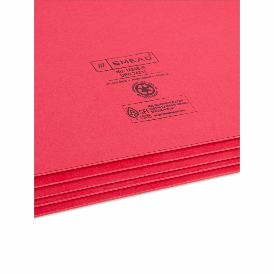 Image of Smead 74231 Drop Front Panel Colored File Pockets, 8 1/2" x 14", 3 1/2" Expansion, Top Tab Location, Red, Tear Resistant, 10% Recycled, 25 / Box