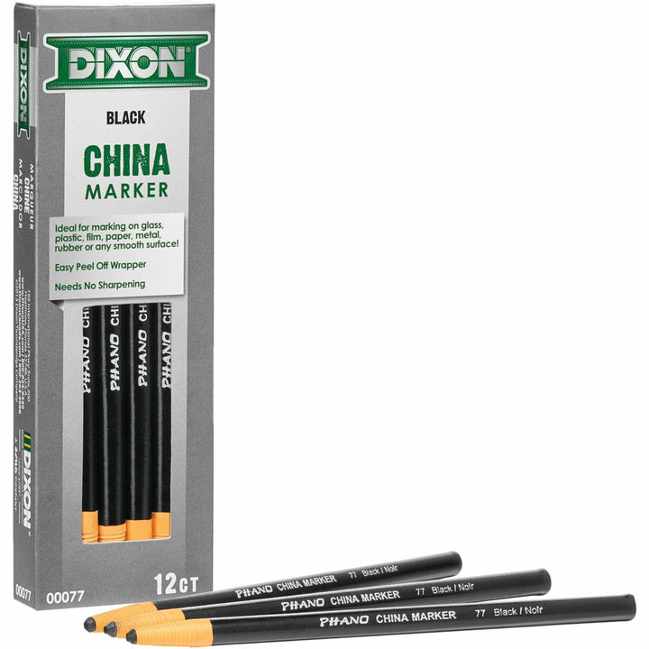 Image of Dixon Industrial 00077 Phano Nontoxic China Markers, Black Lead, Black Barrel, 12 / Dozen