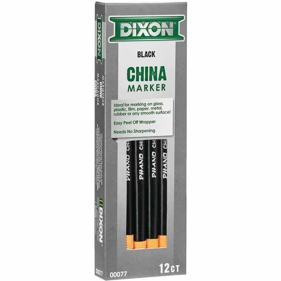 Image of Dixon Industrial 00077 Phano Nontoxic China Markers, Black Lead, Black Barrel, 12 / Dozen