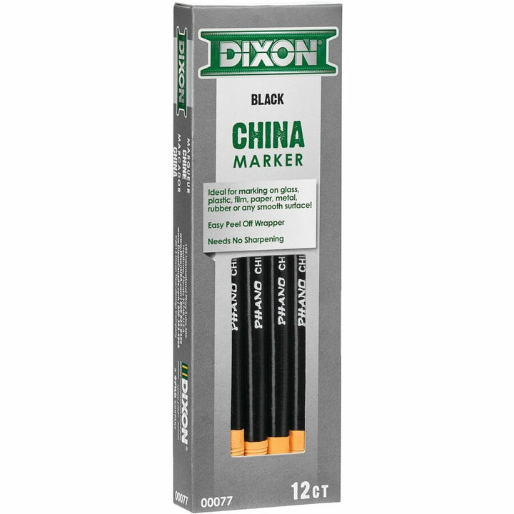 Image of Dixon Industrial 00077 Phano Nontoxic China Markers, Black Lead, Black Barrel, 12 / Dozen