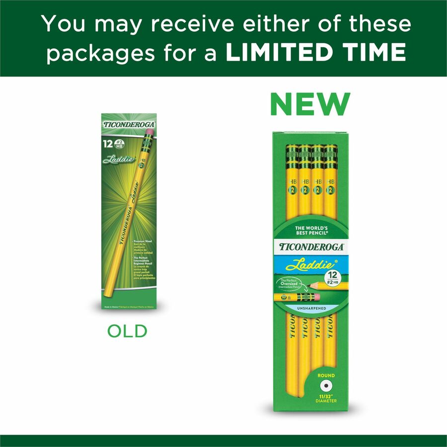 Image of Ticonderoga 13304 Laddie No. 2 Pencils with Erasers, #2, Yellow Barrel, 1 Dozen