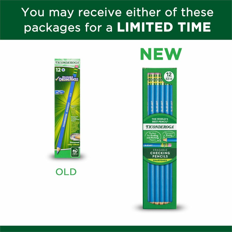 Image of Ticonderoga 14209 Pre-Sharpened Erasable Checking Pencils, Blue Lead, HB, 12 / Dozen