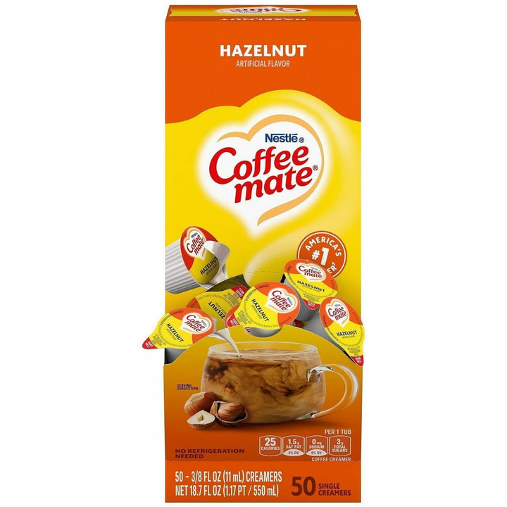 Image of Coffee mate 35180 Hazelnut Nondairy Liquid Creamer Singles, Artificial Hazelnut Flavor, 0.38 fl oz (11 mL), 50 Serving, 50 / Box