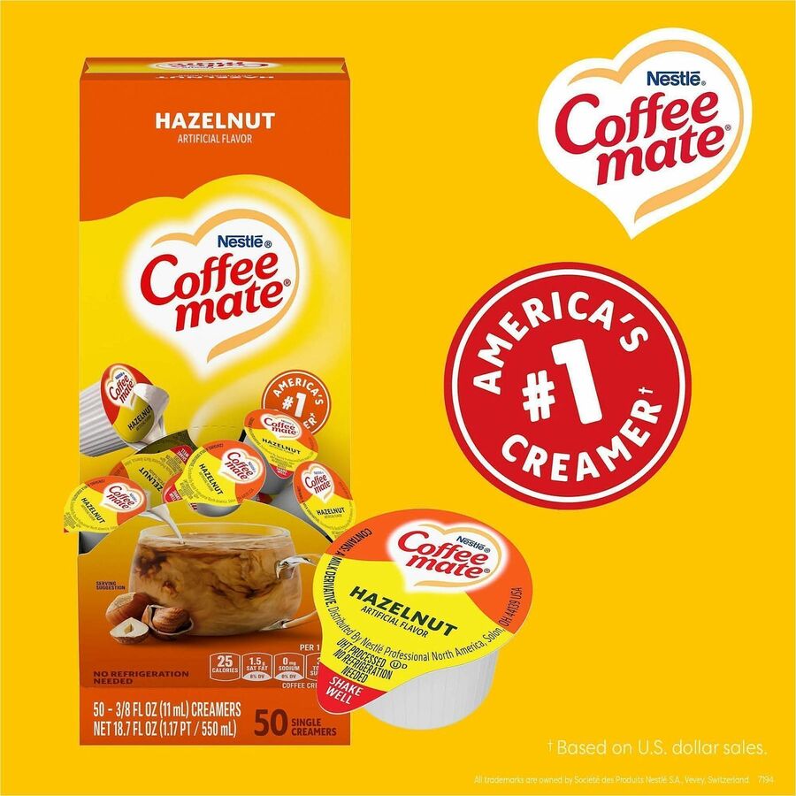 Image of Coffee mate 35180 Hazelnut Nondairy Liquid Creamer Singles, Artificial Hazelnut Flavor, 0.38 fl oz (11 mL), 50 Serving, 50 / Box