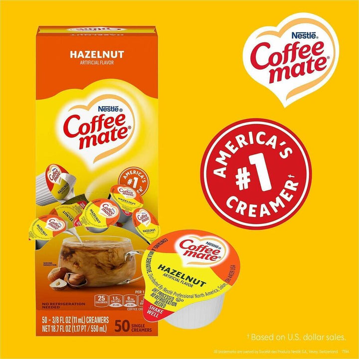 Image of Coffee mate 35180 Hazelnut Nondairy Liquid Creamer Singles, Artificial Hazelnut Flavor, 0.38 fl oz (11 mL), 50 Serving, 50 / Box