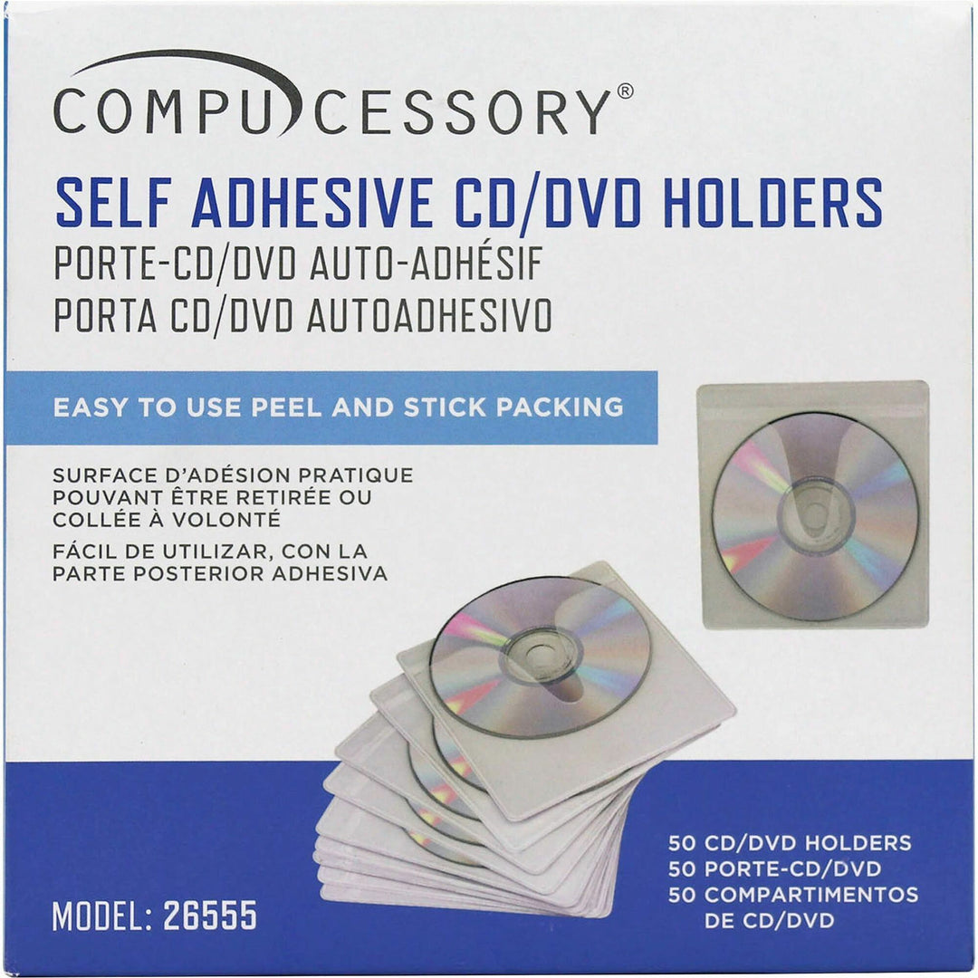 Image of Compucessory 26555 Self-Adhesive Poly CD/DVD Holders, 1 x CD/DVD Capacity, White, Polypropylene, 50 / Pack