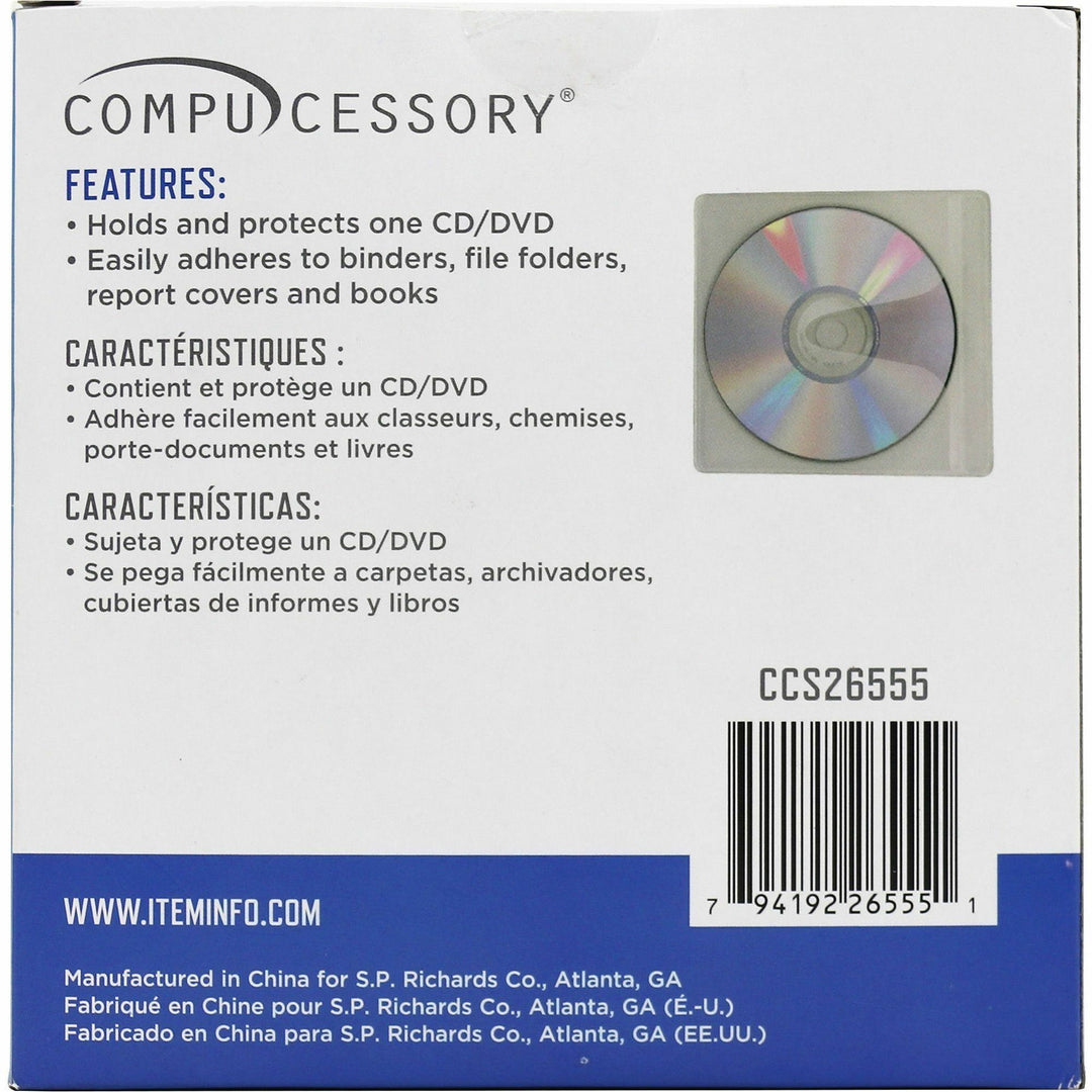 Image of Compucessory 26555 Self-Adhesive Poly CD/DVD Holders, 1 x CD/DVD Capacity, White, Polypropylene, 50 / Pack