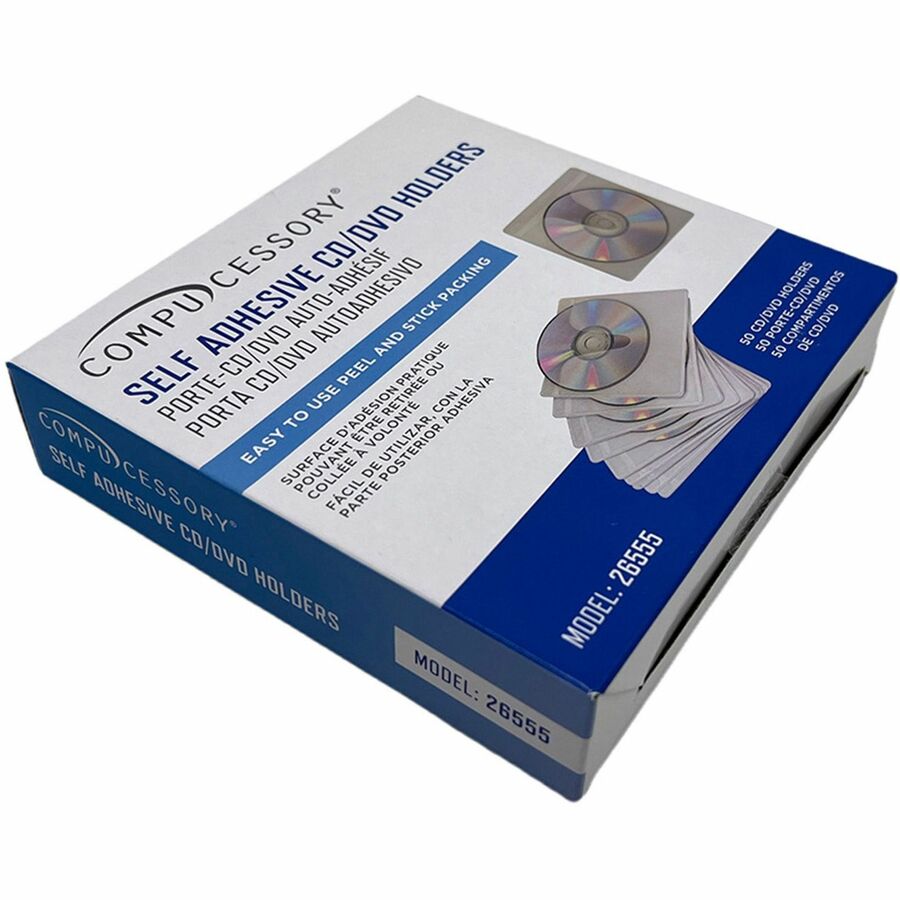 Image of Compucessory 26555 Self-Adhesive Poly CD/DVD Holders, 1 x CD/DVD Capacity, White, Polypropylene, 50 / Pack
