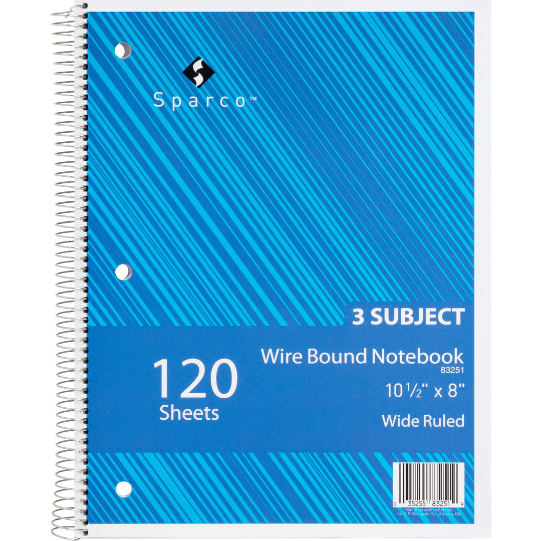 Image of Sparco Notebooks,3 Subject,3HP,10-1/2"x8",Wide Ruled,120 Sht,AST