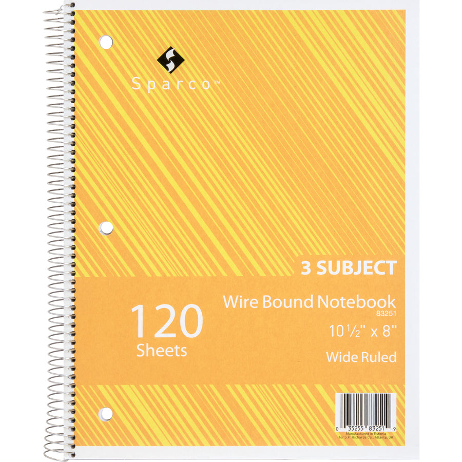 Image of Sparco Notebooks,3 Subject,3HP,10-1/2"x8",Wide Ruled,120 Sht,AST