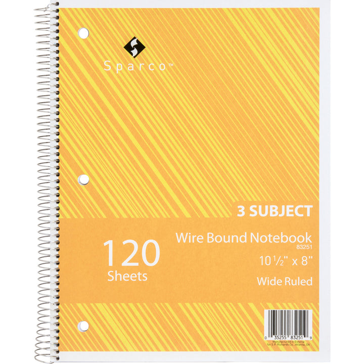 Image of Sparco Notebooks,3 Subject,3HP,10-1/2"x8",Wide Ruled,120 Sht,AST