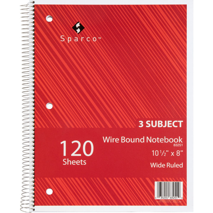 Image of Sparco Notebooks,3 Subject,3HP,10-1/2"x8",Wide Ruled,120 Sht,AST