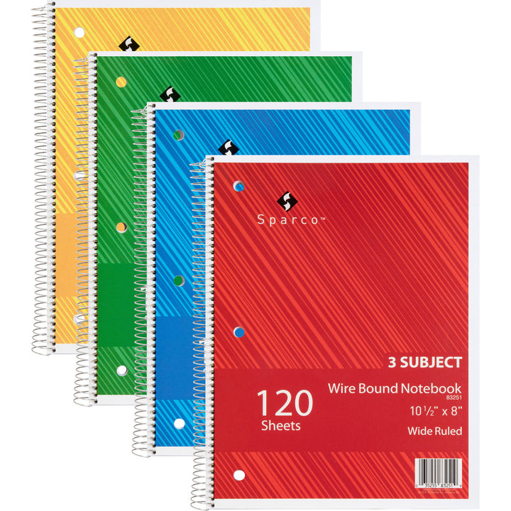 Image of Sparco Notebooks,3 Subject,3HP,10-1/2"x8",Wide Ruled,120 Sht,AST