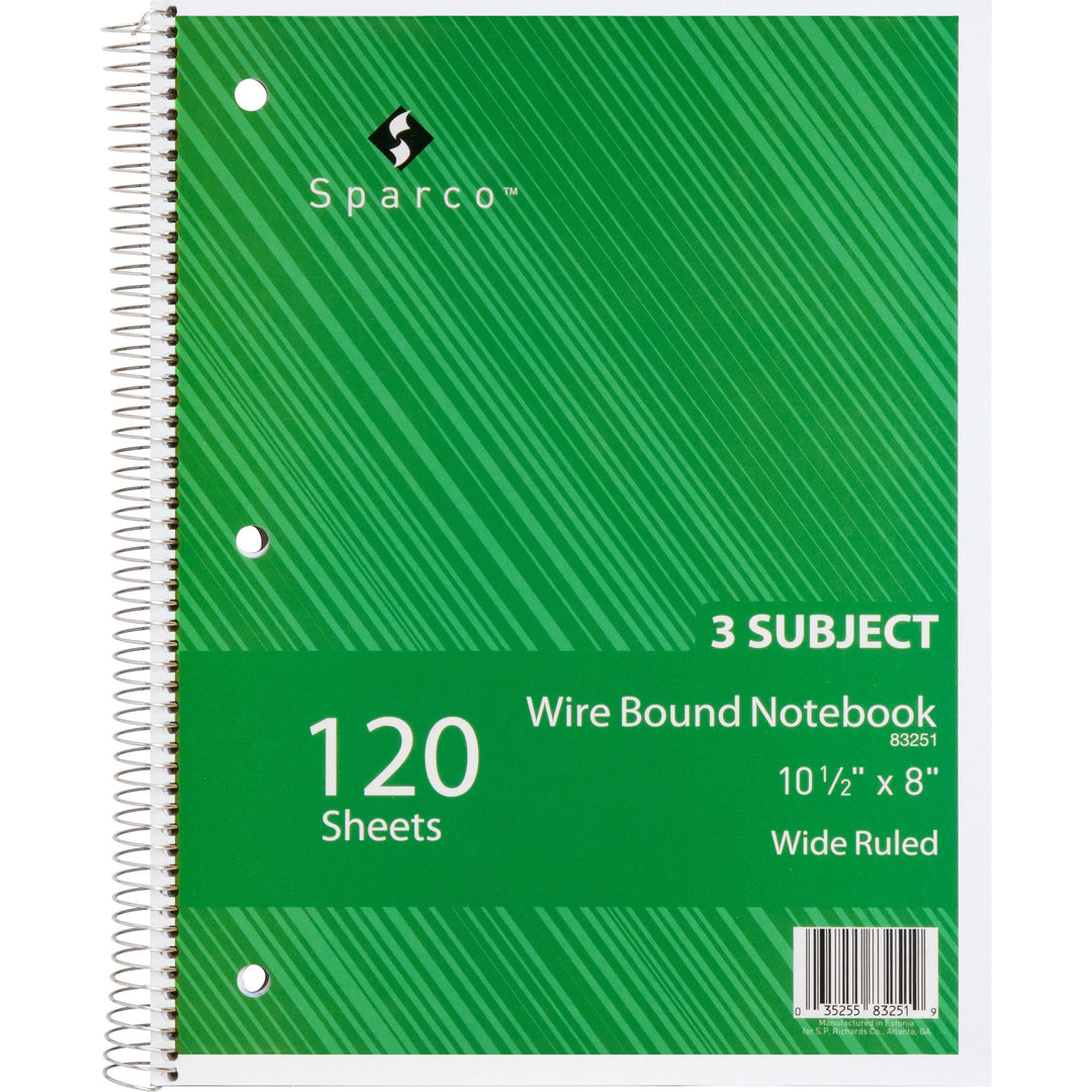 Image of Sparco Notebooks,3 Subject,3HP,10-1/2"x8",Wide Ruled,120 Sht,AST