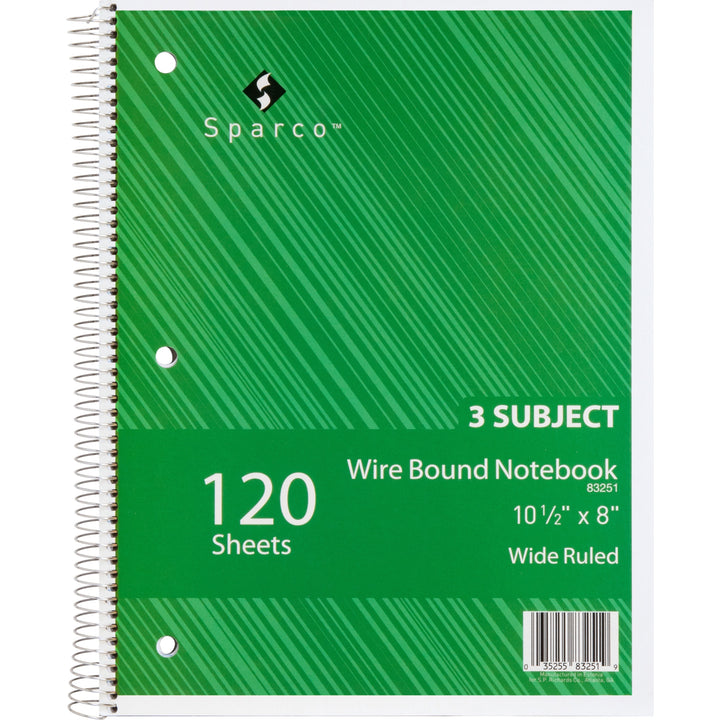 Image of Sparco Notebooks,3 Subject,3HP,10-1/2"x8",Wide Ruled,120 Sht,AST