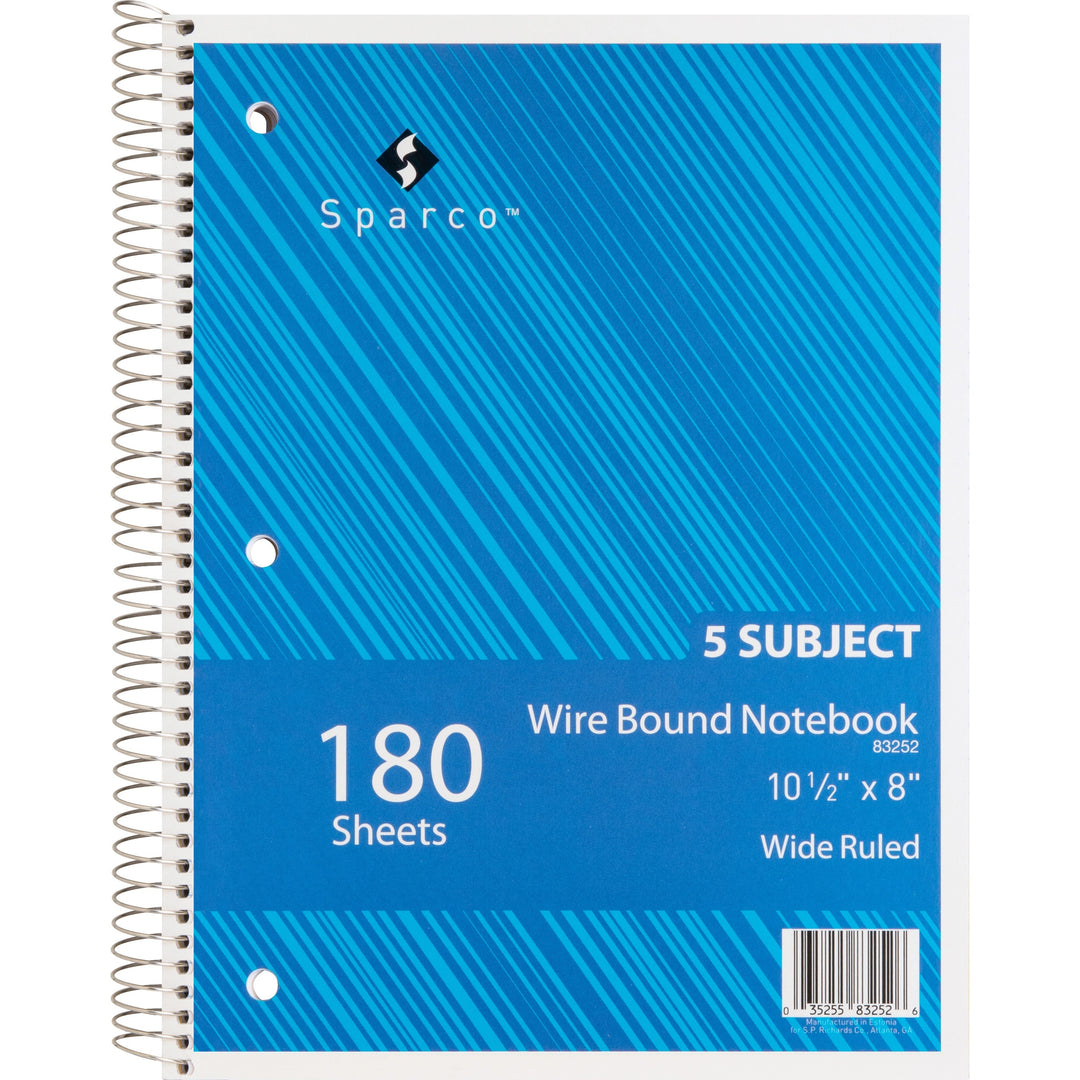 Image of Sparco Notebooks,5 Subject,3HP,10-1/2"x8",Wide Ruled,180 Sht,AST